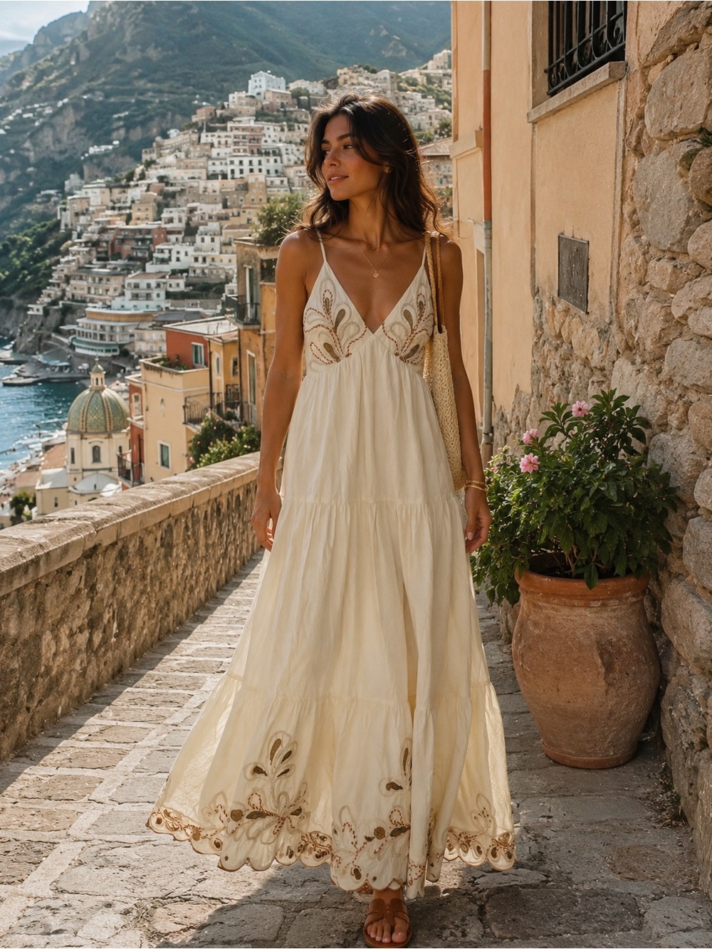 Italian Cream Embroidered Spaghetti-Strap Maxi Dress